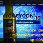 Carátula del Ep005 de Bitácora de Ciberseguridad con la web de honeycon.eu y yna botella de las hack&beers